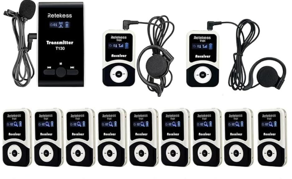 Transmisor con micrófono y receptores con auriculares